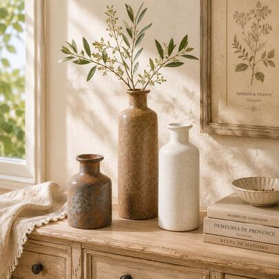 3pcs Rustic Ceramic Vase Set, Vintage French Country Textured Decorative Vases, Farmhouse Cottagecore Tabletop Decor For Living Room, Shelf & Entryway