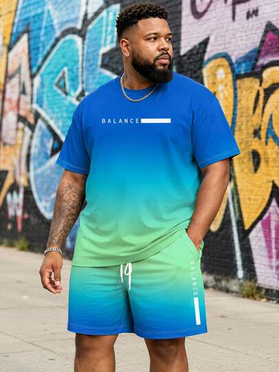 Men's Casual Sports Set With "Sunset Gradient Design And BLANCE Letter" Pattern - Made Of Polyester Knit Fabric, Round Neck Design, Drawstring Shorts, Pocket Details, Regular Fit, Suitable For Plus Size, Athleisure