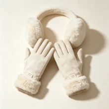 3-Piece Warm Winter Set, Touchscreen Gloves With Plush Earmuffs, Faux Fur Cuffs, Windproof And Cold-Resistant, Outdoor Commuting Accessories, Christmas And Halloween Gift - Multicolor - View 7