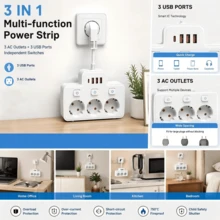 European Standard Wall Mount Power Socket With 3 AC Ports, 3 USB Ports And 1 Type C Interface, 2500W, Individual Switch Control, Black/White, Short Cable Flexible Design, Anti-Bending, Suitable For Various Complex And Narrow Environments, Single Large Spacing To Prevent Tangling - EU E Type Plug(220-240V) - View 3