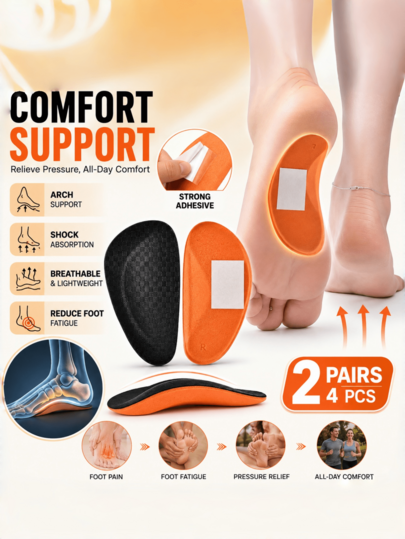 QKC 2 Pairs Self-Adhesive Arch Support Half Insoles, Soft Cushioning Shoe Pads, Suitable For Flat Shoes And Athletic Shoes