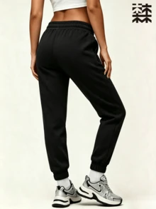 mulinsen Women's Jogger Sweatpants With Side Zipper Pockets, Drawstring Waist, Cuffed Hem, Letter Print, For Daily Sports And Home Leisure - Black - View 2