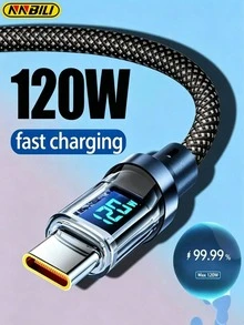 كابل بيانات USB Type-C بشاشة رقمية LED بقوة 120W من NNBILI، شحن سريع، متوافق مع سامسونج وPOCO وهواتف أخرى، يدعم ، واجهة C-C، شحن سريع 100W، متوافق مع 15 Plus و17 و16 Pro Max و17 Air وهواتف أخرى (ملاحظة: لون الكابل أسود نقي، وسيظهر بتأثير مختلط بالأسود والأبيض عند انعكاس الضوء) - الأسود - مشاهدة 2