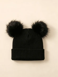 1pc Kids Ribbed Dual Pom-Pom Solid Color Ribbed Knit Beanie Warm Hat For Winter Outdoor - 1PC - View 11