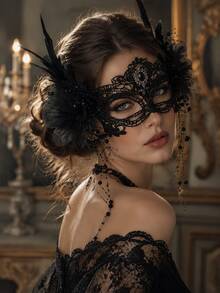 Women's Gothic Black Lace Masquerade Mask, Feather Flower Beaded Tassel Spider Web Rhinestone Mask, Halloween Cosplay Party Costume Accessory - Multicolor - View 3