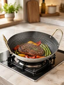 1pc Dual Handle Textured Frying Pan, Black & Silver Shallow Bottom Cooking Skillet, Gold Handle, Multi-Functional Cookware, Suitable For Steak, Seafood, Breakfast, Stir-Fry, Camping, Kitchen, Dinner Party And Table Serving, Daily Home Cooking - View 4
