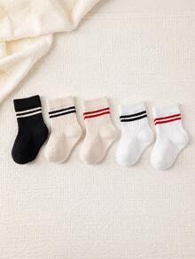 5/1 Pair Double Striped Ribbed Baby Mid-Calf Socks, Knit Socks For Toddler Boys & Girls, For Daily Wear, Outfit Matching And Baby Photoshoots - Multicolor - View 5