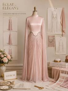 Women's Blush Pink High Neck Rhinestone-Trim Ruched Pleated Cape Sleeve Maxi Evening Gown, Elegant Modest Formal Dress For Wedding Guest - Dusty Pink - View 10