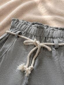 Women's Paper Bag Waist High-Waisted Casual Wide Leg Jogger Pants With Faux Pockets And Long Drawstring Design - Grey - View 8