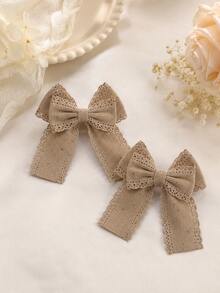 2pcs Coffee Floral Embroidery Lace Ribbon Bow Hair Clips For Girls, Cute Barrettes, Alligator Clips, Daily Party Hair Accessories - Multicolor - View 2