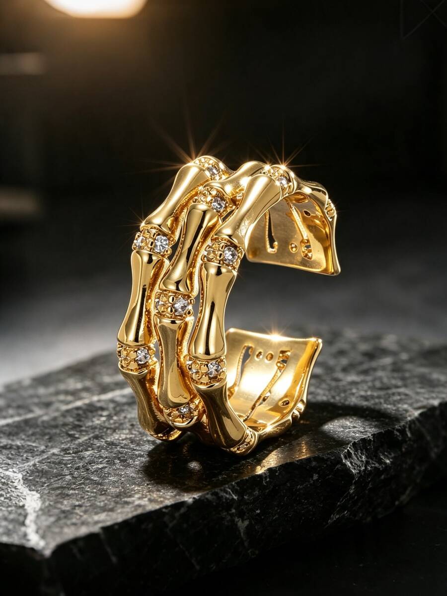 Copper Plated 18K Gold Three-Layer Bamboo Joint Open Ring Inlaid With Cubic Zirconia, Vintage Luxury Style Ring, Stackable Design, High-End Jewelry, Unisex, Suitable For Daily Commute, Party, Street Wear, Couple Friends Holiday Gift Accessory - Gold - View 1