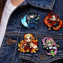 1/4/5pcs Anime Demon Slayer Enamel Pins & Keychain Set, Rengoku Tokito Mitsuri Tanjiro Zenitsu Metal Lapel Brooch Keyring Backpack Decor Gift For Fans - Multicolor - View 6