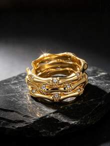 Copper Plated 18K Gold Three-Layer Bamboo Joint Open Ring Inlaid With Cubic Zirconia, Vintage Luxury Style Ring, Stackable Design, High-End Jewelry, Unisex, Suitable For Daily Commute, Party, Street Wear, Couple Friends Holiday Gift Accessory - Gold - View 2