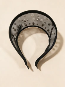 Korean Style Wide Mesh Headband With Pearl & Rhinestone Embellishments, Heavy Craftsmanship, Fashionable Elegant Versatile Hair Accessory For Women - Multicolor - View 2