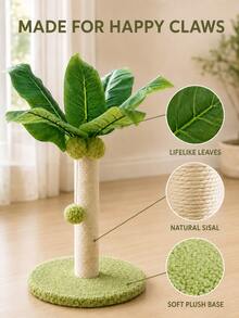 Sisal Cat Scratching Post For Indoor Cats, Cute Coconut Tree-Shaped Vertical Cat Scratcher With Hanging Plush Ball Toy & Stable Round Base, Interactive Cat Toy For Claw Care, Exercise And Furniture Protection, 1PC - Green - View 3