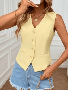 Women's Elegant Casual Commuting Sleeveless Vest Jacket Summer Yellow - Yellow - View 3