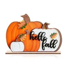 1pc "Hello Autumn" Pumpkin Wooden 2D Flat Desktop Decor, Farmhouse Harvest Symbol, Decorated With Autumn Leaves And Berries, Suitable For Tabletop Decoration, Party Decor, Halloween Decor, Christmas Decor - Multicolor - View 8