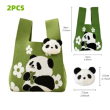 2pcs Cute Panda Handbag With Panda Accessories, Large Capacity Knitted Woven Bag, Versatile Cartoon Tote Bag, New Holiday Gift Bag Souvenir - Multicolor - View 1