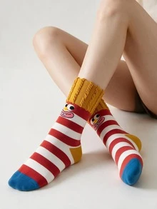 1 par de calcetines de mujer con bloques de color y diseño de dibujos animados lindos, uso diario fresco - Multicolor - Ver 3