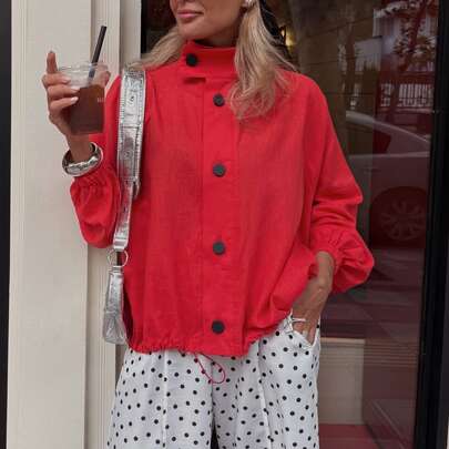 Women's Linen Stand Collar Jacket, Casual Lantern Sleeve, Drawstring Hem, Button-Up Short Jacket, Red