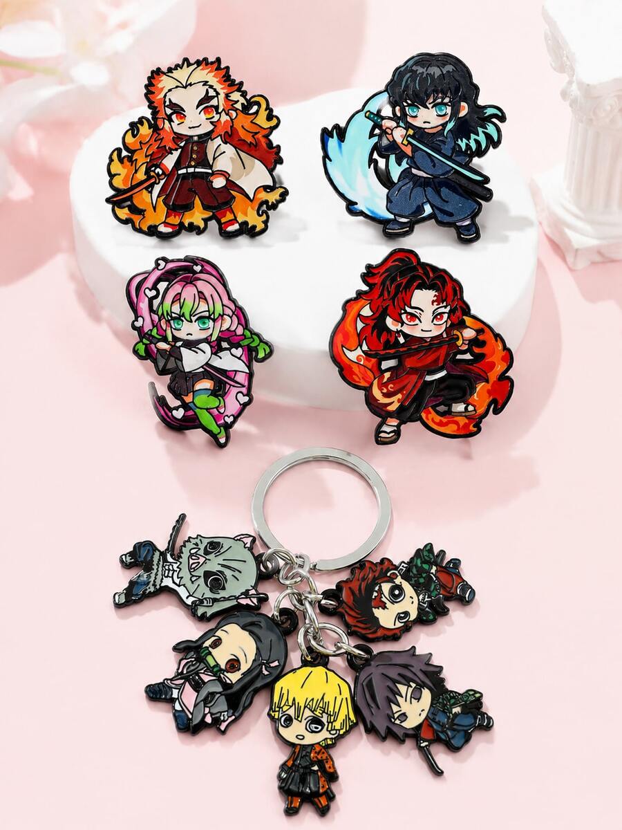 1/4/5pcs Anime Demon Slayer Enamel Pins & Keychain Set, Rengoku Tokito Mitsuri Tanjiro Zenitsu Metal Lapel Brooch Keyring Backpack Decor Gift For Fans