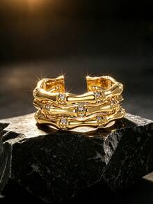 Copper Plated 18K Gold Three-Layer Bamboo Joint Open Ring Inlaid With Cubic Zirconia, Vintage Luxury Style Ring, Stackable Design, High-End Jewelry, Unisex, Suitable For Daily Commute, Party, Street Wear, Couple Friends Holiday Gift Accessory - Gold - View 3