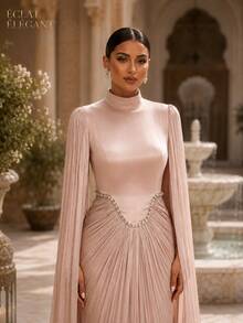 Women's Blush Pink High Neck Rhinestone-Trim Ruched Pleated Cape Sleeve Maxi Evening Gown, Elegant Modest Formal Dress For Wedding Guest - Dusty Pink - View 7