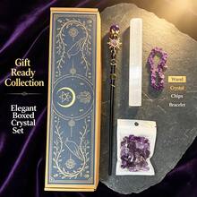 1box Amethyst Witch Crystal Wand Altar Kit, Natural Crystal Stones Selenite Wand Bracelet Wicca Ritual‑Supplies, Spiritual Decor Halloween Witchcraft - Scepter Plaster Set - View 1