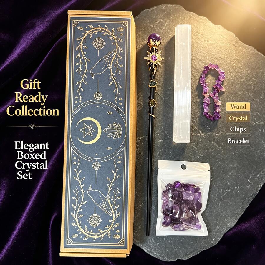 1box Amethyst Witch Crystal Wand Altar Kit, Natural Crystal Stones Selenite Wand Bracelet Wicca Ritual‑Supplies, Spiritual Decor Halloween Witchcraft - Scepter Plaster Set - View 1