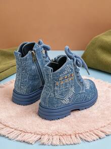 1 Pair Children's Vintage Denim Texture Boots With Embroidery And Side Zipper, Suitable For School, Casual Wear, Autumn/Winter - Blue - View 5