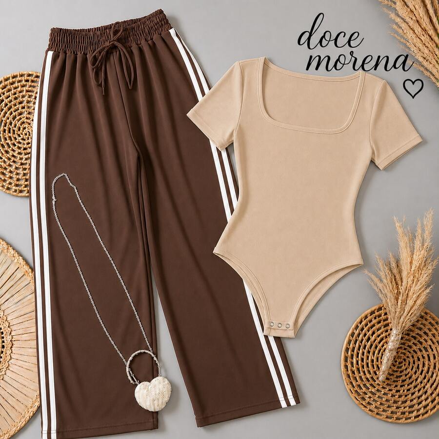 Conjunto Feminino Calça Pantalona Duna Esportiva com Listras Laterais + Body Manga Curta Decote Quadrado – Look Casual Moderno e Confortável Verão - Bege e marrom - Visão 1