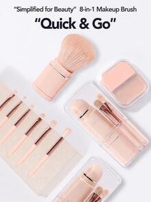 Set Kuas Makeup Portabel 8-in-1 - Kuas Alas Bedak Mini Profesional yang Dapat Ditarik, Kuas Blending, Kuas Bedak, dan Kuas Eyeshadow - Bulu Nilon, Gagang ABS, Set Kuas Makeup, Set Kuas Makeup, Set Kuas Makeup, Set Lengkap Alat Makeup, - Baby Pink - View 5