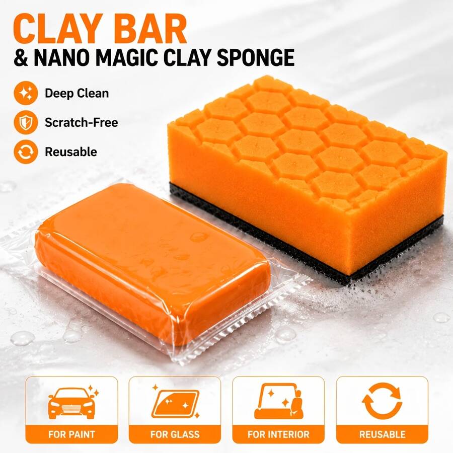 Set 2 Buah Nano Magic Clay & Sponge untuk Mobil, Alat Pembersih Detailing Mobil, Untuk Dekontaminasi Cat Mendalam dan Penghilangan Besi, Clay Cuci Mobil yang Dapat Digunakan Kembali + Sponge Clay Cuci Mobil Nano, Cocok untuk Cat Mobil, Kaca, dan Interior - 2 bungkus - View 1
