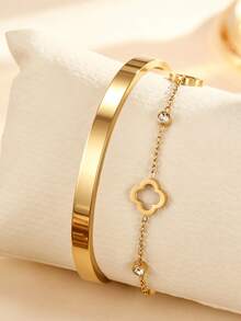 2pcs/Pc Clover Stackable Bracelet, Minimalist Gold Open Bangle And Zirconia Chain Bracelet, Women's Stainless Steel Stackable Jewelry For Daily Wear And Gift - Gold - View 1