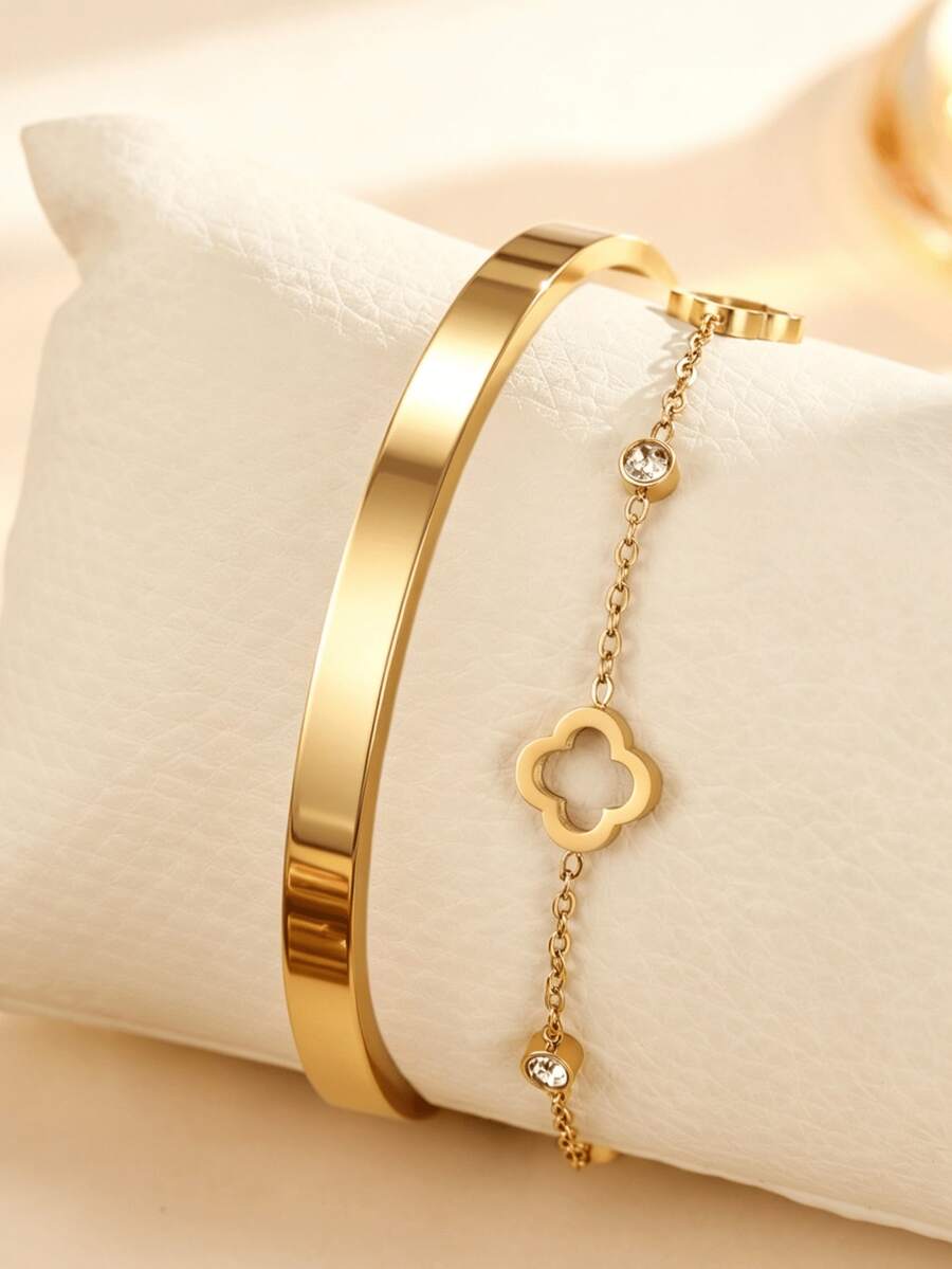 2pcs/Pc Clover Stackable Bracelet, Minimalist Gold Open Bangle And Zirconia Chain Bracelet, Women's Stainless Steel Stackable Jewelry For Daily Wear And Gift - Gold - View 1