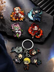 1/4/5pcs Anime Demon Slayer Enamel Pins & Keychain Set, Rengoku Tokito Mitsuri Tanjiro Zenitsu Metal Lapel Brooch Keyring Backpack Decor Gift For Fans - Multicolor - View 3