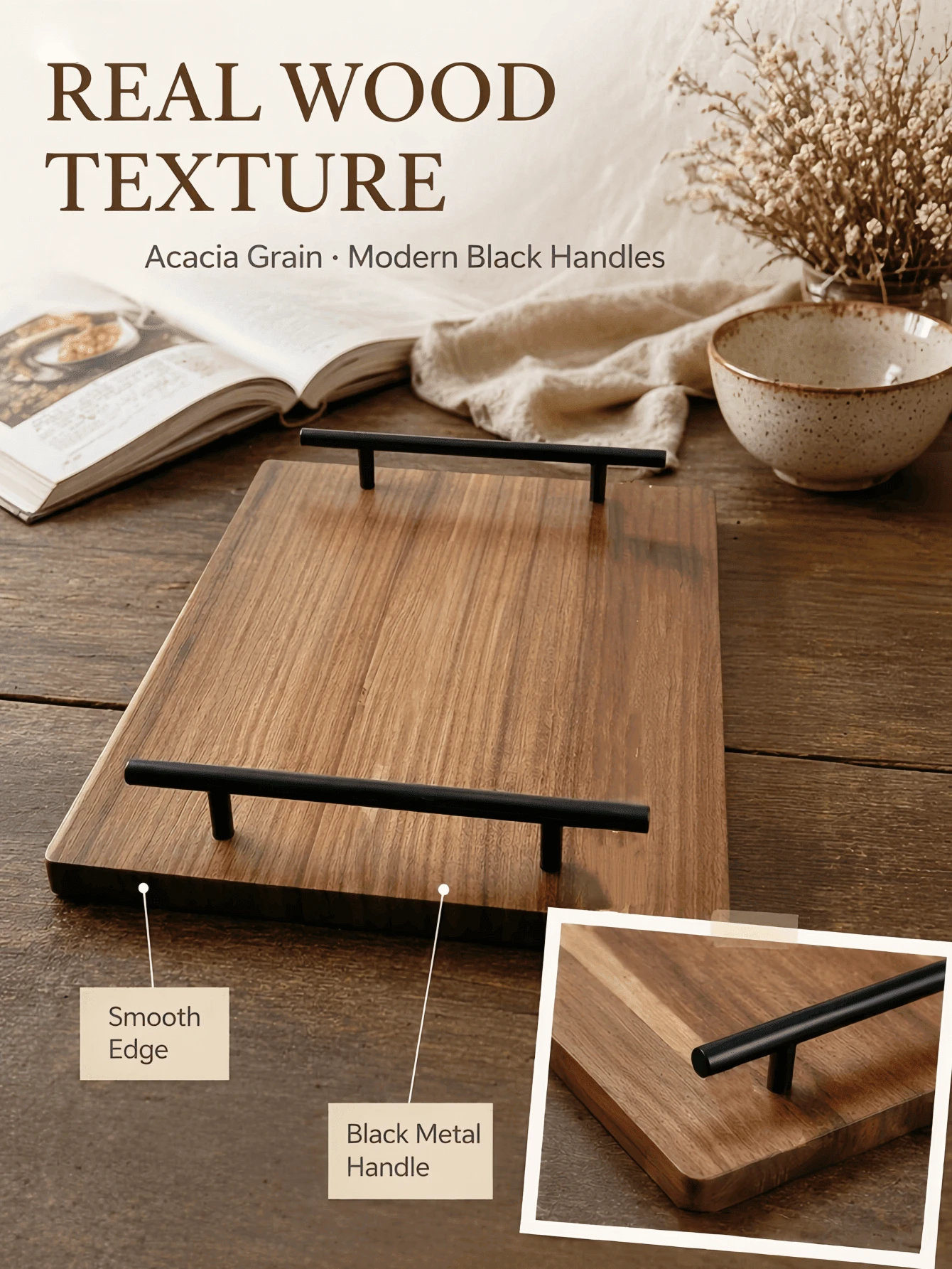 Platter, Wooden Plate, Wooden Tray, Breakfast Tray, Serving Tray, Handheld Wooden Plate, Rectangular Wooden Tray, Rectangular Tray With Handles, Suitable For Desserts, Fruits, Snacks, Appetizers And Breakfast And Dining Use, Perfect For Home Decor And Kitchen Use, Suitable For Christmas, Halloween And Other Holiday Gatherings - View 1
