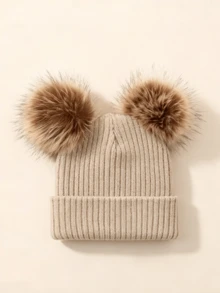 1pc Kids Ribbed Dual Pom-Pom Solid Color Ribbed Knit Beanie Warm Hat For Winter Outdoor - 1PC - View 1