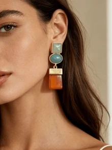 ZAA Geometric Color Block Resin Dangle Earrings, Mid-Century Retro Multi Stone Statement Drop Earrings For Fall Daily Party - Gold - View 8