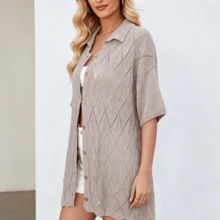 Women Collared Short Sleeve Knit Cardigan, Hollow Pattern Button Front Loose Cover Up, Casual Shirt Vacation Outing, Option - Coffee - View 2