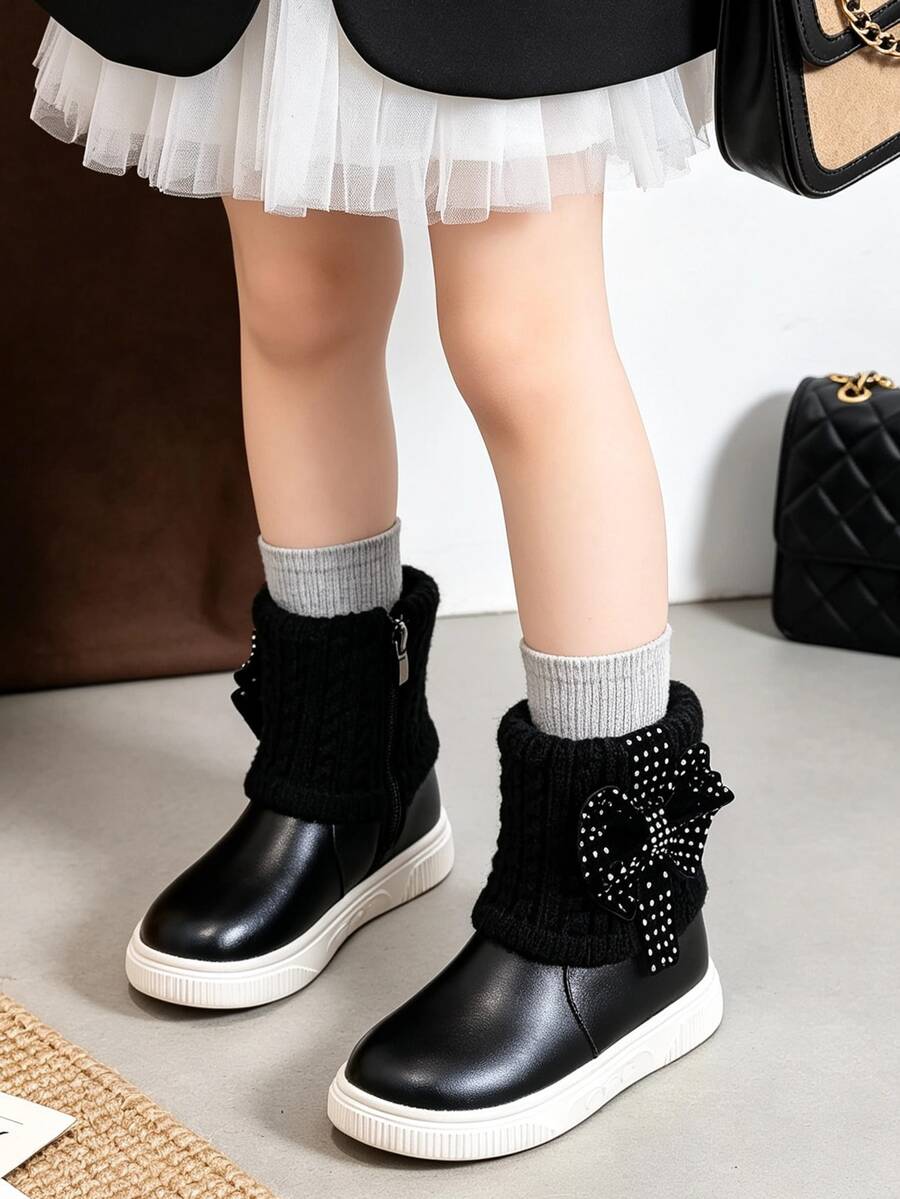 1 Pair Children's Gentle Style Patchwork Ankle Boots With 3D Bow And Shiny Decor, Suitable For Birthday Party, Suitable For Outing Outfit, Suitable For Autumn/Winter - Black - View 1
