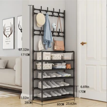Metal Shoe Rack With Coat & Hat Hooks, 4/5 Tier Multi-Functional Entryway Shoe Storage Organizer, Space-Saving Bedroom Front Door Hallway Shoe Rack, Black And White Available - Multicolor - View 7