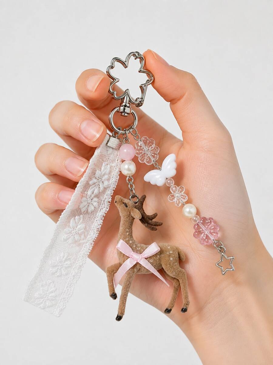 鹿造型鑰匙圈吊飾,蕾絲珍珠蝴蝶結包包掛飾,韓系甜美苜蓿背包掛鍊,Y2K甜美女孩風禮物 - 彩色 - 查看 1