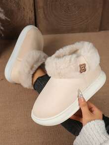 Women's Fleece Lined Winter Slippers With Ankle Coverage, Thick EVA Sole, Indoor/Outdoor Warm House Shoes - Beige - View 3