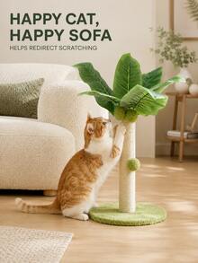 Sisal Cat Scratching Post For Indoor Cats, Cute Coconut Tree-Shaped Vertical Cat Scratcher With Hanging Plush Ball Toy & Stable Round Base, Interactive Cat Toy For Claw Care, Exercise And Furniture Protection, 1PC - Green - View 7
