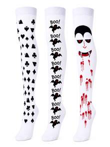 1/4 Pairs Women's Halloween Over The Knee Socks, Cross, Bat, Card Suit & Vampire Pattern Thigh High Socks For Costume, Party & Cosplay - Multicolor - View 6