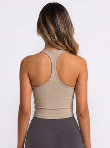 Never me Women's Sports Tank Top With Removable Padding, U-Neck Racerback, Slim Fit Running Fitness Sports Bra - Khaki - View 2