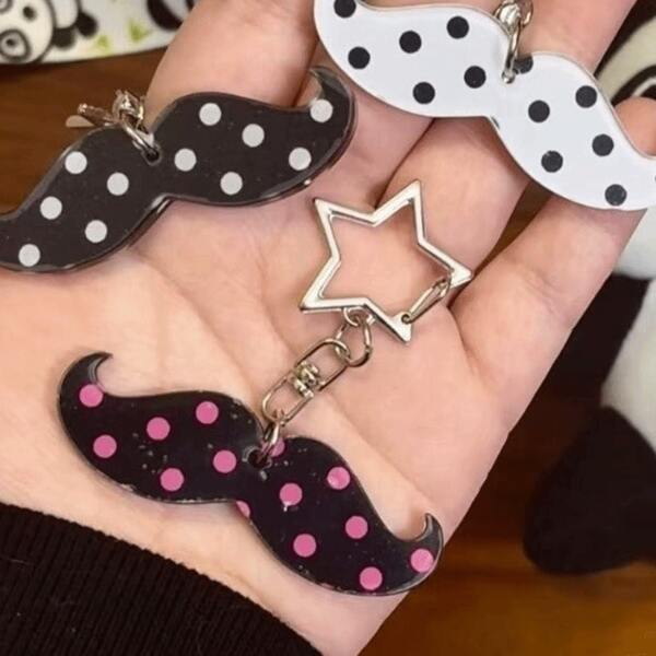 1PC INS-Style Cute Beard Keychain Versatile Kawaii Polka Dot Hanging Piece Enameled Black Cartoon Shaped Acrylic Keychain School