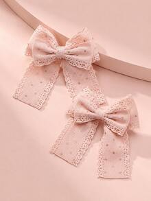 2件組粉色花卉刺繡蕾絲蝴蝶結髮夾，女孩用可愛髮飾，鱷魚夾式髮卡，適合日常與派對使用 - 彩色 - 查看 3