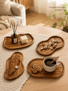 1pc Natural Acacia Wood Asymmetrical Shaped Tray, Rustic Solid Wood Decorative Plate, Suitable For Breakfast Coffee Dessert Fruit Snacks, Multi-Functional Wooden Tray, Suitable For Kitchen Dining Table Vanity Jewelry Small Accessories Storage, Home Desktop Decor, Halloween - View 7